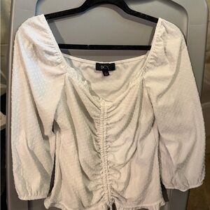 BCX White Ruched Swiss-Dot Peasant Blouse